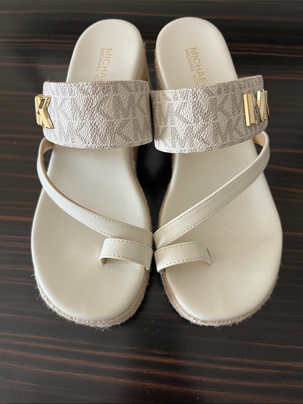 Michael Kors Beige Cream Slide Sandals with Gold MK Accents
